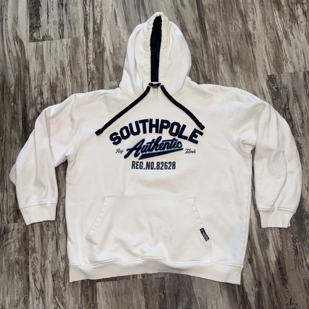 Vintage Southpole White Navy Embroidered Logo Hoodie Sweatshirt Men's XXL Stains